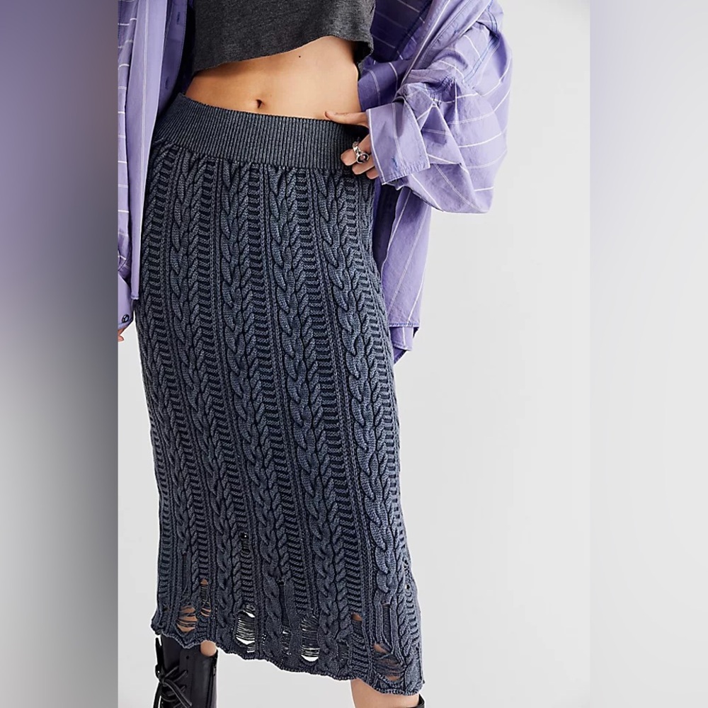 Free People Charcoal Grey Margo Swit Cable Knit Distressed Midi Skirt